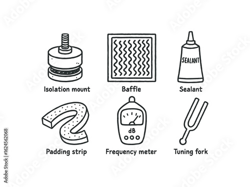 hand drawn cute doodle style line isolated on white background resonance dampening (tools): isolation mount baffle sealant padding strip frequency meter tuning fork
