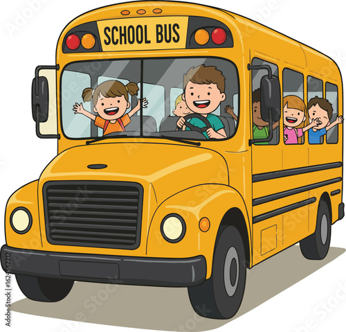 Cheerful cartoon school bus with happy children inside driving to school isolated on transparent background