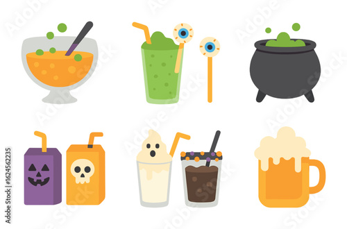 Halloween Party Drinks. Flat vector mini-illustrations Halloween party drinks in colors children's