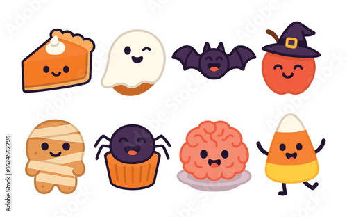 Spooky Treats Grid. Flat vector mini-illustrations Spooky food characters in colors children's illustrations: