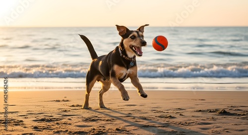 Happy dog playing fetch with a ball on a sandy beach at sunset, a joyful moment of canine recreation in the golden hour light