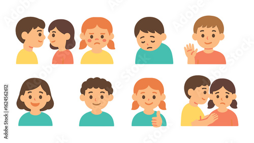 Nonverbal Communication Icons. Flat vector mini-illustrations Communicating without words in colors children's