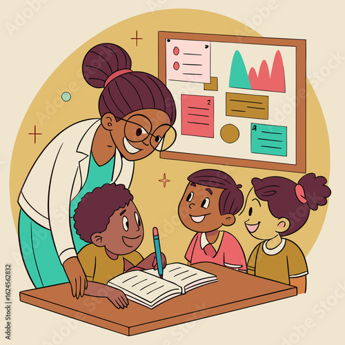 Teacher helps students with their schoolwork at a desk