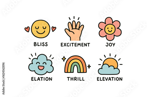 hand drawn cute doodle style line isolated on white background euphoria (feelings): bliss excitement joy elation thrill elevation