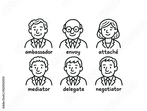 hand drawn cute doodle style line isolated on white background diplomat (roles): ambassador envoy attache mediator delegate negotiator