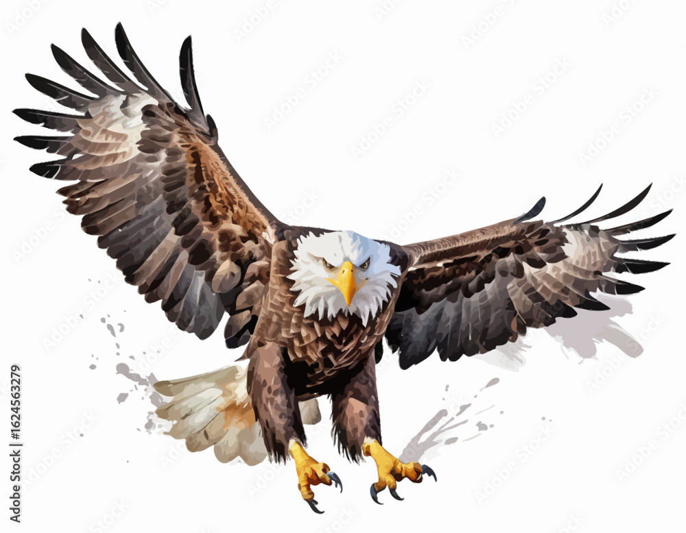 Fototapeta premium The eagle's sharp, hooked beak is a vibrant yellow, and its eyes are a piercing yellow, giving it an intense and focused expression 