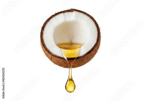 Coconut oil dripping from a halved coconut isolated on white background