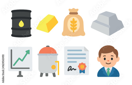 Commodity Icons for Kids. Flat vector mini-illustrations Commodity derivatives in colors children's