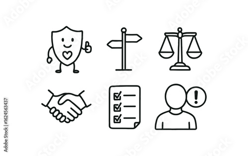 hand drawn cute doodle style line isolated on white background ethicist (concepts): morality decision making justice fairness duty responsibility