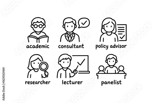 hand drawn cute doodle style line isolated on white background ethicist (roles): academic consultant policy advisor researcher lecturer panelist