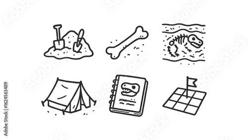 hand drawn cute doodle style line isolated on white background dinosaur excavation (scenes): dig site exposed bone fossil bed canvas tent field journal grid marker