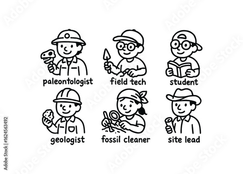 hand drawn cute doodle style line isolated on white background dinosaur excavation (): paleontologist field tech student geologist fossil cleaner site lead. hand drawn cute doodle style