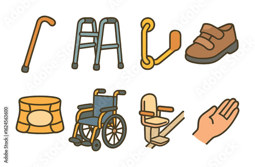 Mobility Aids Illustrations. Flat vector mini-illustrations Mobility aids for older adults in colors