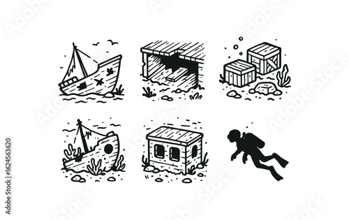 hand drawn cute doodle style line isolated on white background shipwreck diver (scenes): sunken ship broken deck cargo hold reef covered wreck submerged cabin diver silhouette