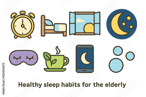Elderly Sleep Essentials. Flat vector mini-illustrations Healthy sleep habits for the elderly in colors