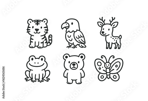 hand drawn cute doodle style line isolated on white background wildlife photographer (subjects): tiger eagle deer frog bear butterfly