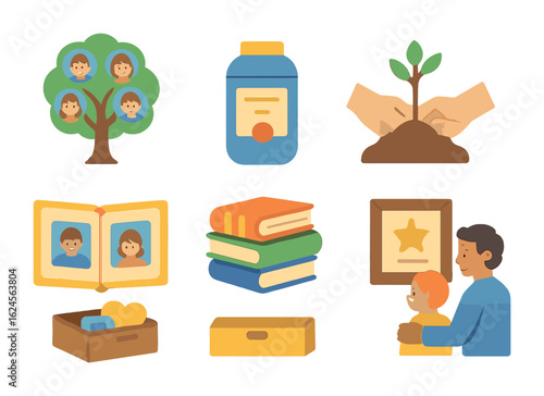 Colorful Legacy Icons. Flat vector mini-illustrations Building a legacy in colors children's illustrations: