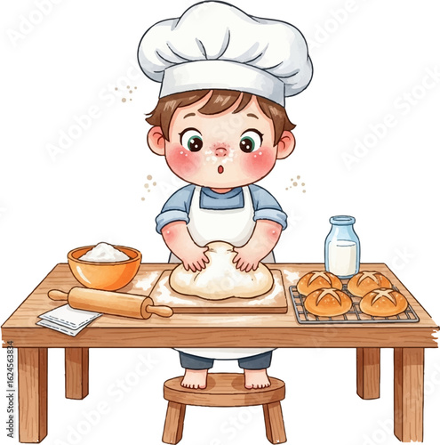 Cute Little Chef Kneading Dough in the Kitchen