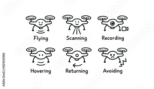 hand drawn cute doodle style line isolated on white background autonomous drone (actions): flying scanning recording hovering returning avoiding