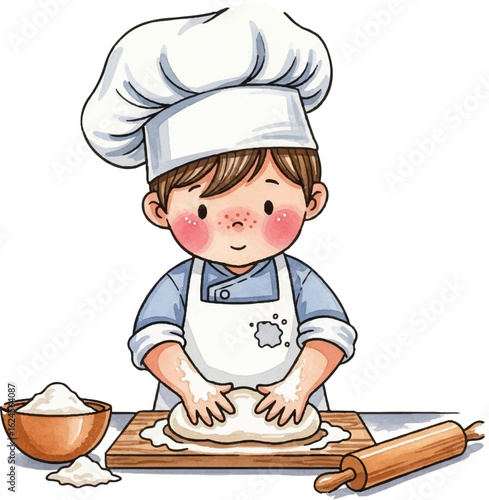 Cute Little Chef Kneading Dough in the Kitchen