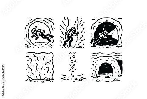 hand drawn cute doodle style line isolated on white background cave diver (scenes): underwater tunnel narrow passage submerged chamber limestone bubble trail sunken cave