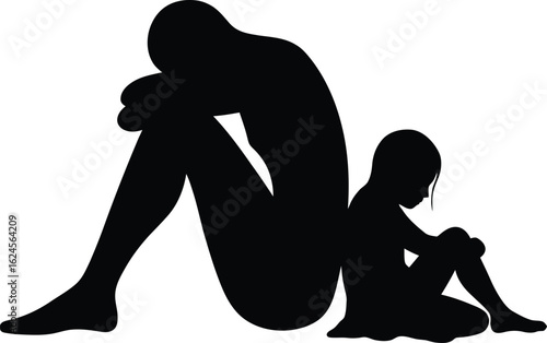 Two silhouettes sit one larger with arms on knees, one smaller hugging knees—evoking reflection, companionship, and quiet rapport.