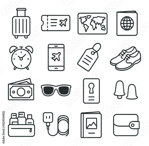 Travel essentials icons including passport, suitcase, map, shoes, alarm clock, sunglasses, money, smartphone, plug, wallet