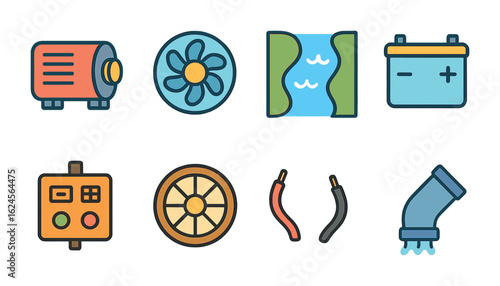Micro-Hydro Setup Icons. Flat vector mini-illustrations micro-hydro setup diagram in colors children's