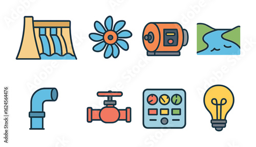Hydro Power Icons. Flat vector mini-illustrations small dam hydro in colors children's illustrations: dam,