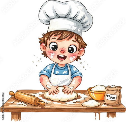 Cute Little Chef Kneading Dough in the Kitchen