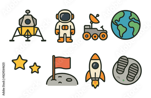 Lunar Adventure Icons. Flat vector mini-illustrations lunar exploration in colors children's illustrations: