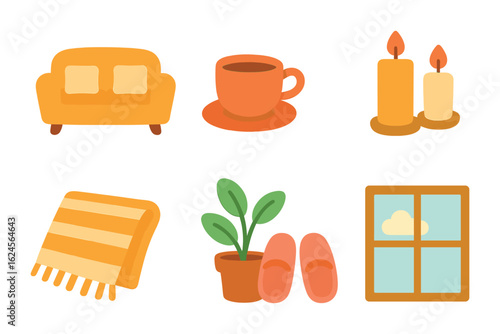 Cozy Staycation Icons. Flat vector mini-illustrations staycation vibes in colors children's illustrations: