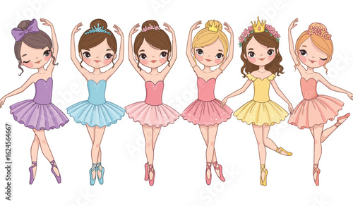 Collection of five adorable cartoon ballerinas in tutus and ballet shoes isolated on transparent background