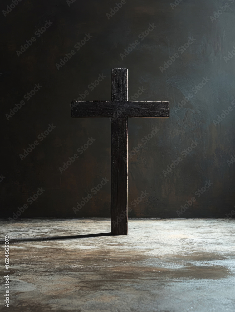 Naklejka premium Wooden cross casting shadow on textured surface in dim light.