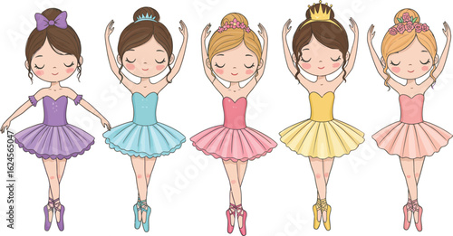 Five cute cartoon ballerinas in colorful tutus and ballet shoes performing a dance isolated on transparent background
