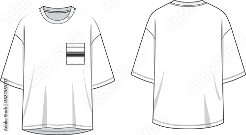 Technical flat sketch of men's striped swim shorts in light grey, featuring an elasticated drawstring waist and a back patch pocket with flap, for casual summer swimwear.