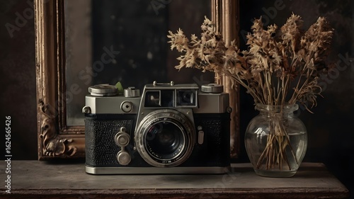 Nostalgic still life composition with a vintage film camera and dried flowers on a rustic wooden shelf.