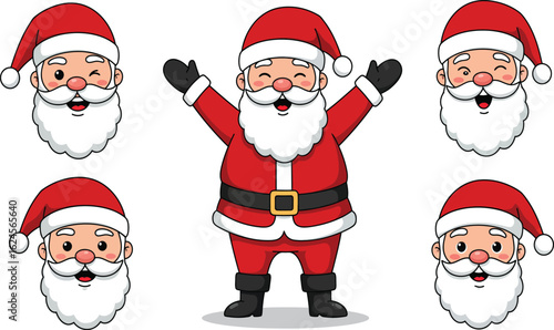 Collection of cheerful santa claus faces and a full body figure isolated on transparent background