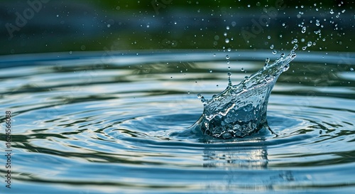 Water splash with droplets creating concentric ripples in a body of water with a blurred green background © Mono