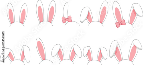 Collection of cute fluffy bunny ear headbands with pink insides isolated on transparent background