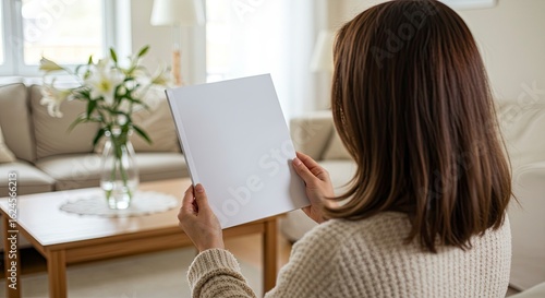 Woman holds a blank book in a living room lilies on a table sofa in the background