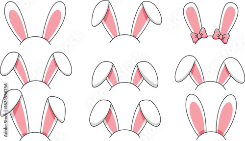 Collection of nine hand drawn bunny ear headbands with pink insides isolated on transparent background