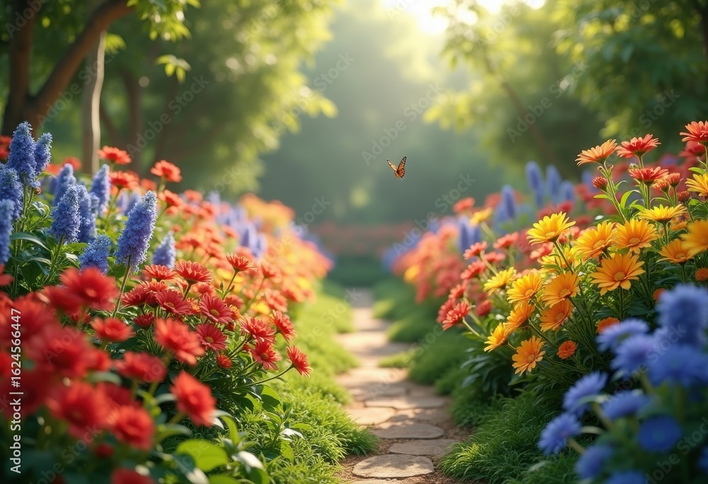 Obraz premium vibrant flower beds serene lush greenery experience colorful nature blooms garden bliss, blossom, petal, landscape, plant, flora, scenery, spring