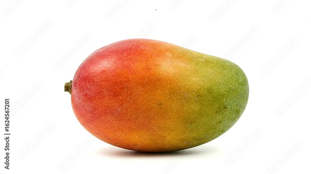 A ripe mango transitioning from red to green skin is isolated on a white surface displaying its texture A ripe mango transitioning from red to green skin is isolated on a white surface displaying its texture