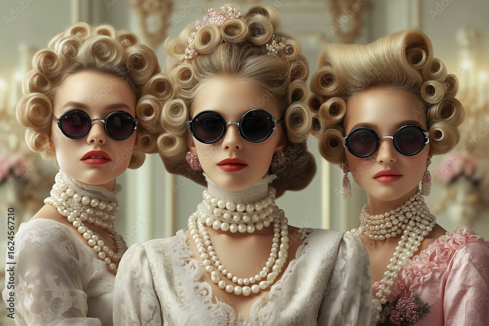 Fototapeta premium Elegant aristocratic women with vintage pin curl hairstyles wearing pearls, round sunglasses and red lipstick in luxurious retro fashion portrait showcasing sophisticated ladies who lunch aesthetic. 