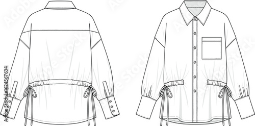 Oversized women's collared shirt fashion flat sketch with cinched waist drawstrings, drop shoulder, button cuffs and chest pocket, front and back view, vector illustration.