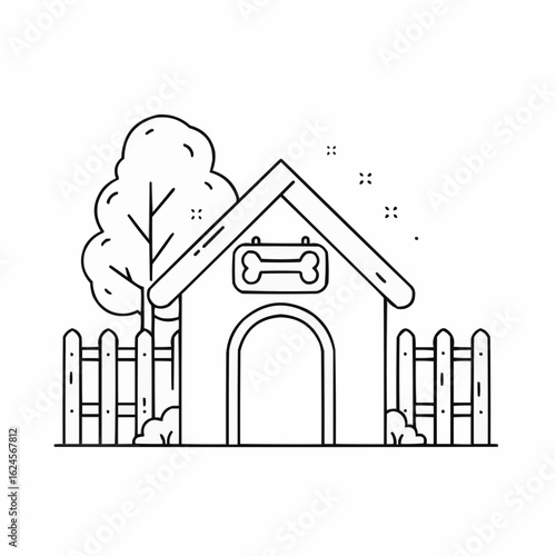 Dog house illustration with tree and fence in minimal style  