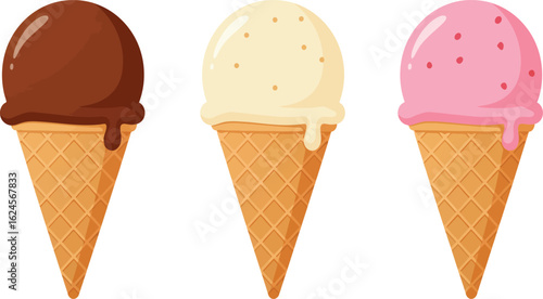 Three delicious ice cream cones with chocolate vanilla and strawberry flavors isolated on transparent background