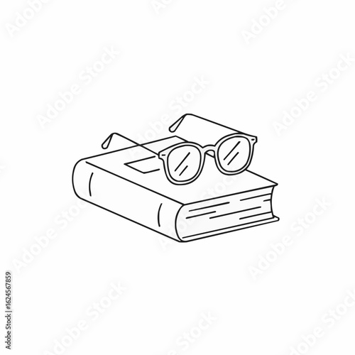 Open book with round glasses placed on top in simple line art  