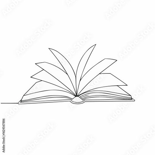 Open book illustration with detailed pages in simple line art  